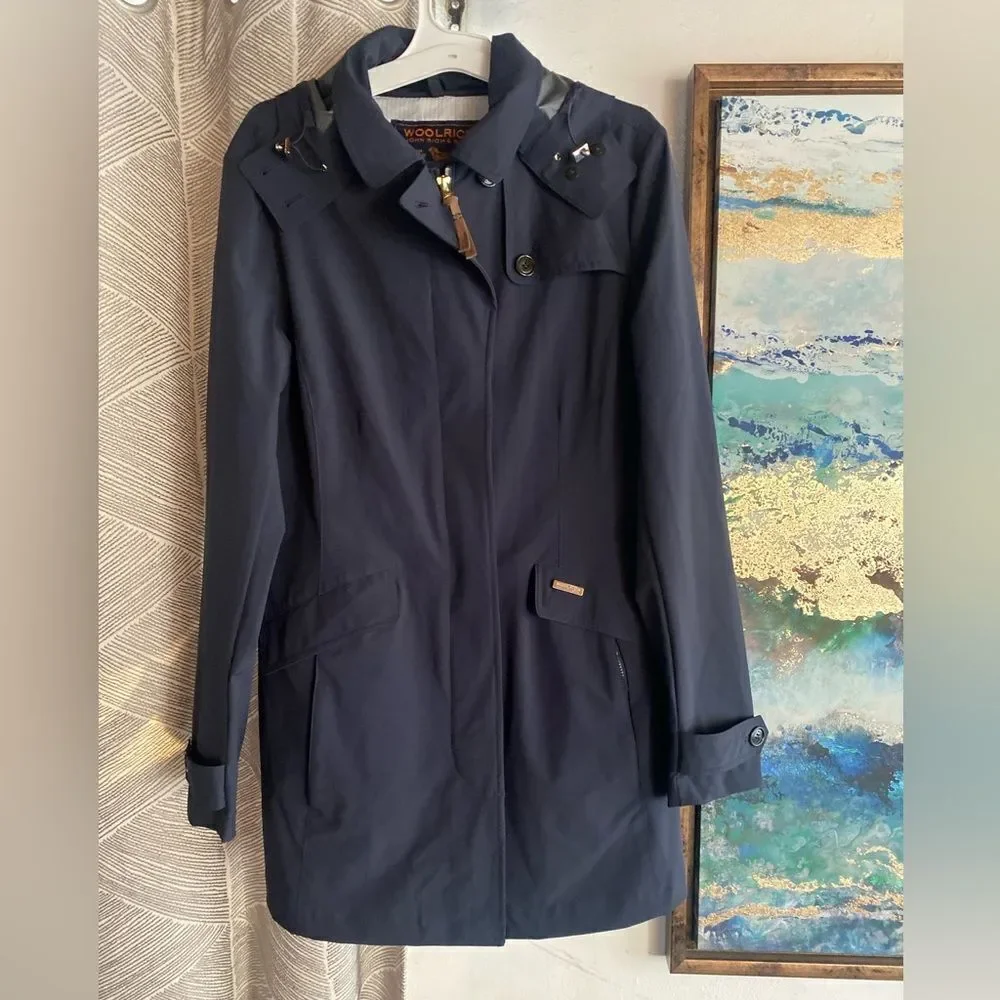 Woolrich Womens Coat Navy Blue Nylon Zíper Size Small Pockets Buttons Classic